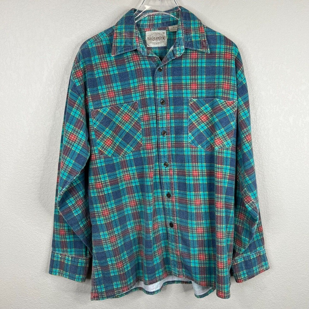 Saugatuck Women Flannel Button Down Shirt‎ Plaid Vintage Classic Lumberjack